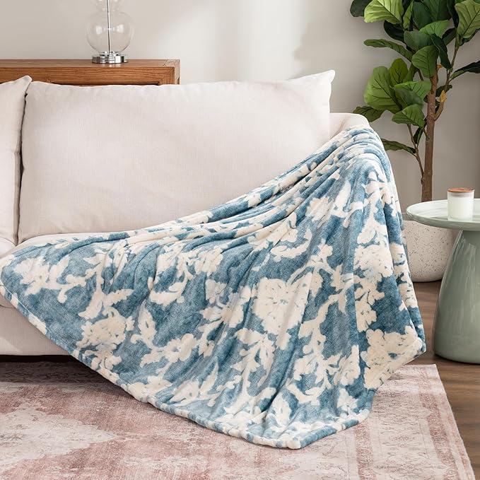 Berkshire Blanket-Classic Heavyweight Soft Printed VelvetLoft® Plush Throw Blanket, Cozy and Fuzzy, Floral Blue, 50in x 70in