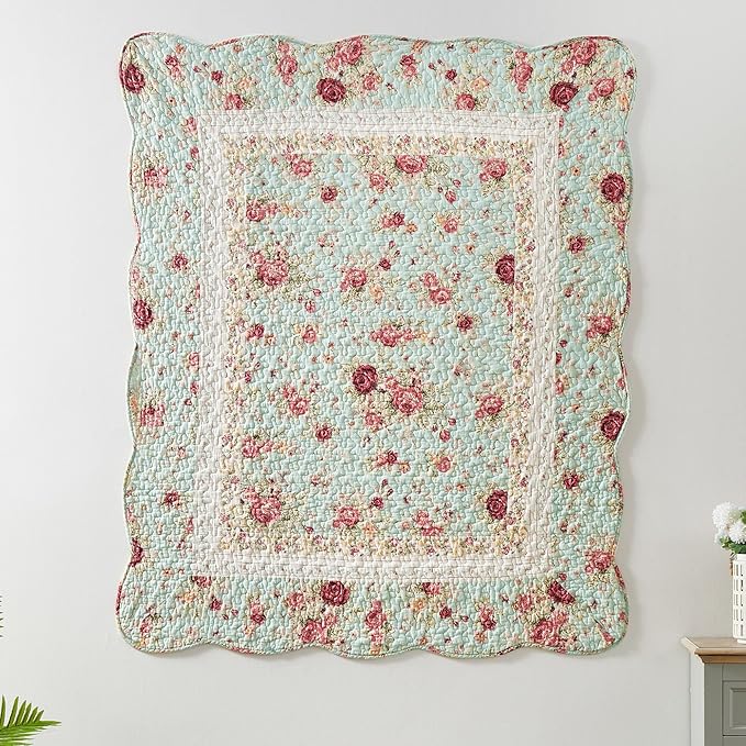 Greenland Home Antique Rose - Classic Traditional Floral - 100% Cotton Quilted Throw Blanket, 50 x 60 inches, Blue