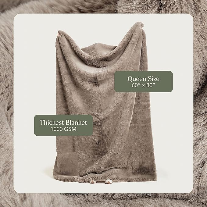 UnHide Marshmallow - Faux Fur Blanket - Heavy Weight, Extra Soft Blanket - Made from Recycled Materials - Machine Washable - Medium (60" x 80") - Taupe Ducky