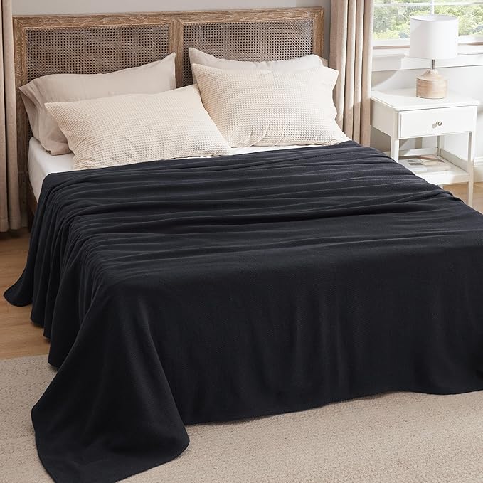 Bedsure 100% Cotton Blanket Queen Size for Bed - Breathable and Lightweight, Soft Cozy Textured Herringbone Woven Blanket for Summer Spring, Black, 90x90 inches