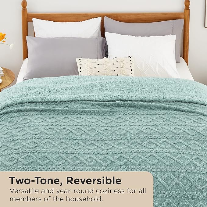 Bedsure Sherpa Queen Size Blanket for Bed - Fleece Soft Cozy Fuzzy Cable Blankets for Women, Thick Warm for Winter and All Seasons, Sage Green, 90x90 Inches