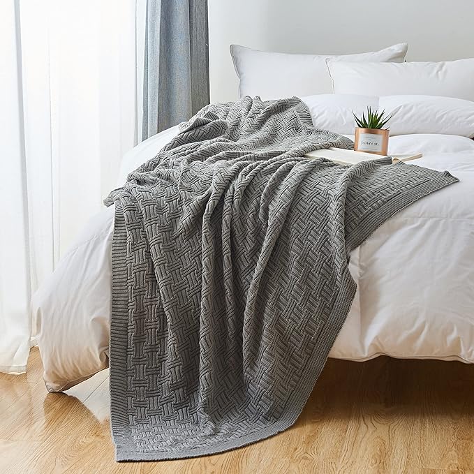 Longhui bedding Cotton Gray Cable Knit Throw Blanket for Couch Chairs Bed Beach, Home Decorative Grey Knitted Blanket, 50 x 60 Inch with a Washing Bag,Silk Bow Tie Package
