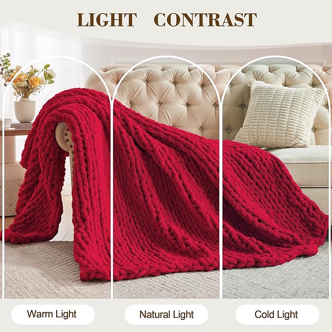 Carriediosa Chunky Knit Throw Blanket 50" X 60", 100% Hand Made Large Chenille Loop Yarn Soft Fluffy Throws for Couch Sofa Bed, Big Crochet Cozy Heavy Thick Cable Woven Blankets, Red