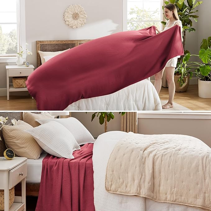 Bedsure 100% Cotton Blanket Queen Size for Bed - Breathable and Lightweight, Soft Cozy Textured Herringbone Woven Blanket for Summer Spring, Dark Red, 90x90 inches