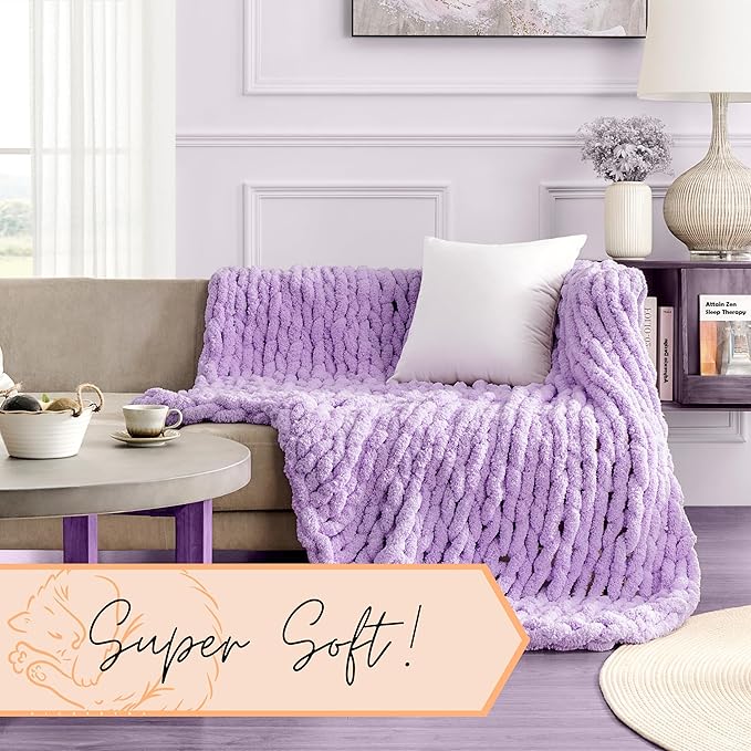 Adyrescia Chunky Knit Blanket Throw | 100% Hand Knit with Jumbo Chenille Yarn (50"x60", Pale Purple)
