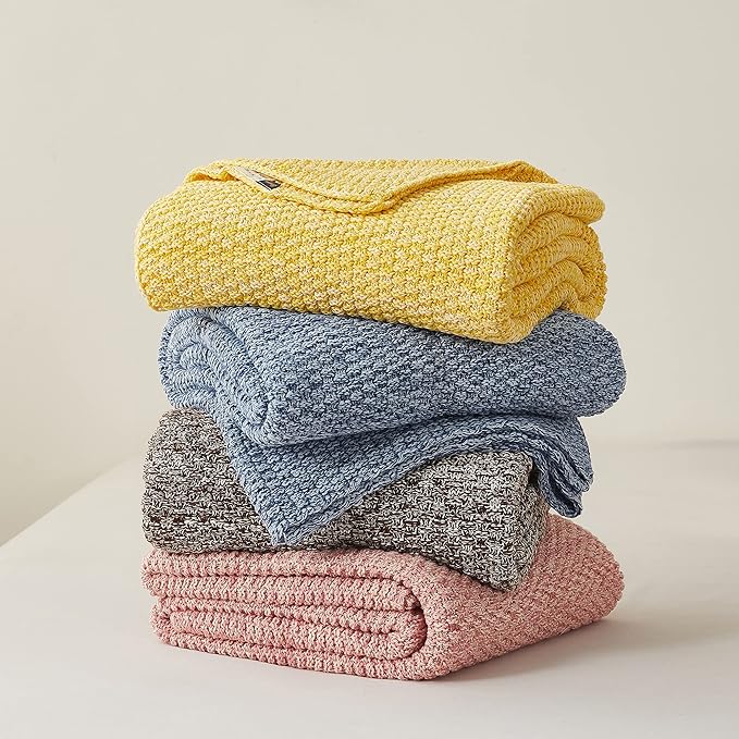Longhui bedding Yellow Knitted Throw Blanket for Couch Sofa Bed, Soft, Cozy Machine Washable 100% Cotton Sofa Cable Knit Blankets, Large 60 x 80 Inches Oversized, Bright Yellow and White Color