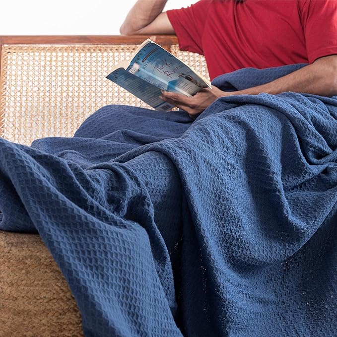 100% Cotton Salt Earth Throw Blanket, King, 106"X92" Waffle Throws For Home, Bedrooms, Outdoor Couch & Office Couch, Modern & Cozy Bed Room Decor Blankets,Lightweight All Season Western Blanket (Navy)