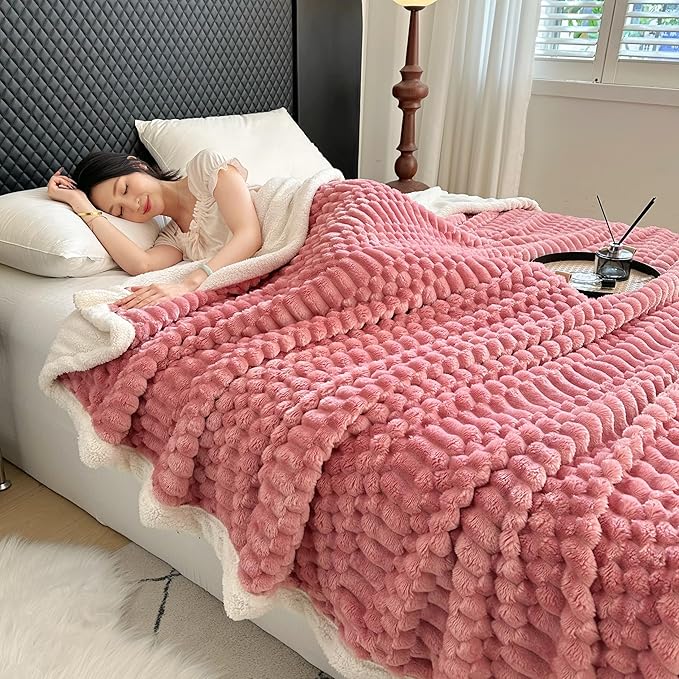 UKELER Sherpa Bed Blanket 80 × 90 inch, Ultra Soft Queen Size Throw Blankets for All Season, 470 GSM Cozy Plush Striped Fleece Blanket for Bedroom Living Room Dorm Hostel Sofa Camping, Pink