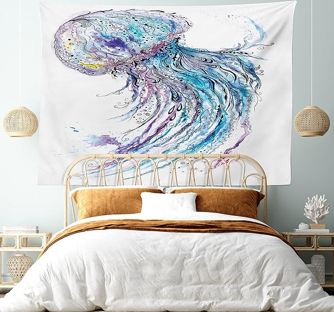Ambesonne Jellyfish Tapestry, Aqua Colors Art Ocean Animal Print Sketch Style Creative Sea Marine Theme, Wide Wall Hanging for Bedroom Living Room Dorm, 80" X 60", Blue Purple White