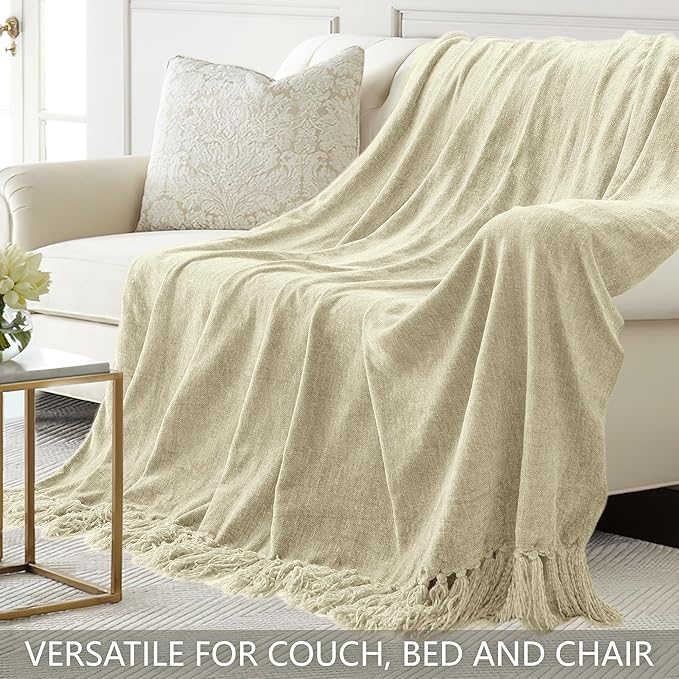 Chenille Throw Blanket for Couch 50"X 60", Soft Cozy Throws with Fringe Tassel for Bed Sofa Chair Cover, Lightweight Knitted Decorative Boho Blankets for Living Room, Light Beige