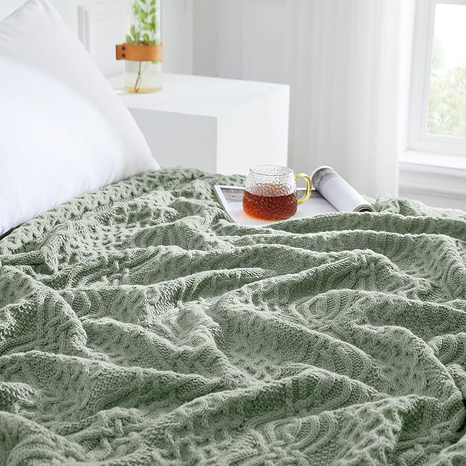 Aormenzy Sage Green Cable Knit Throw Blanket, Soft & Warm Knitted Blanket Oversized for Couch Bed Sofa Living Room, 60 x 80 inch