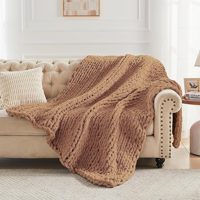 Carriediosa Chunky Knit Throw Blanket 60" X 80" Twin, 100% Hand Made Large Chenille Loop Yarn Soft Fluffy Throws for Couch Sofa Bed, Big Crochet Cozy Heavy Thick Cable Woven Blanket, Light Brown