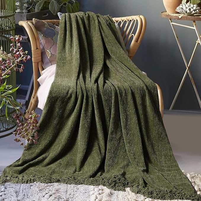 Chenille Throw Blanket for Couch 60"X 80" Twin, Soft Cozy Throws with Fringe Tassel for Bed Sofa Chair Cover, Lightweight Knitted Decorative Boho Blankets for Living Room, Olive Green