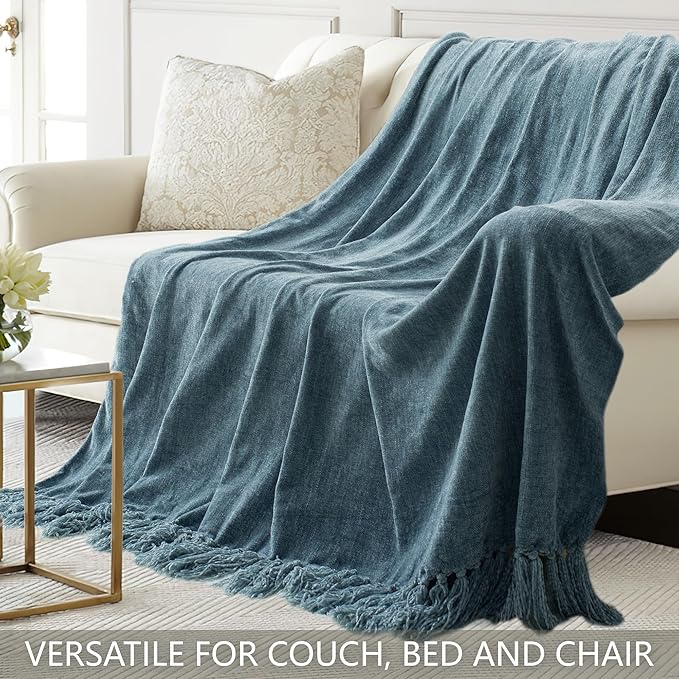 Chenille Throw Blanket for Couch 60"X 80" Twin, Soft Cozy Throws with Fringe Tassel for Bed Sofa Chair Cover, Lightweight Knitted Decorative Boho Blankets for Living Room, Dusty Blue