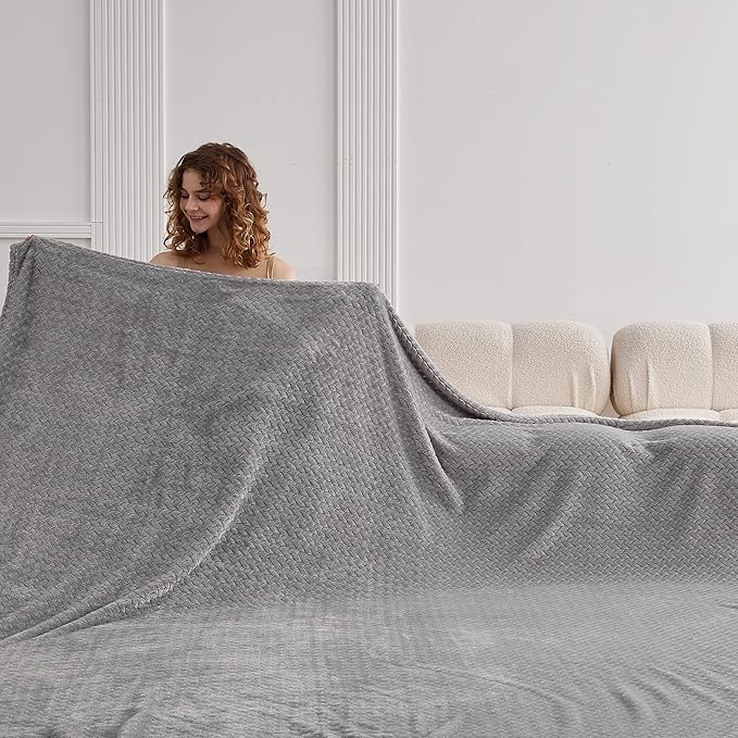 Oversized King Fleece Blanket 120x120 Inches, Seamless Soft Cozy 3D Jacquard Flannel Blanket 10'x10' Extra Large for Bed, Sofa, Couch, Travel & Camping, California King Throw, Light Grey Leaf