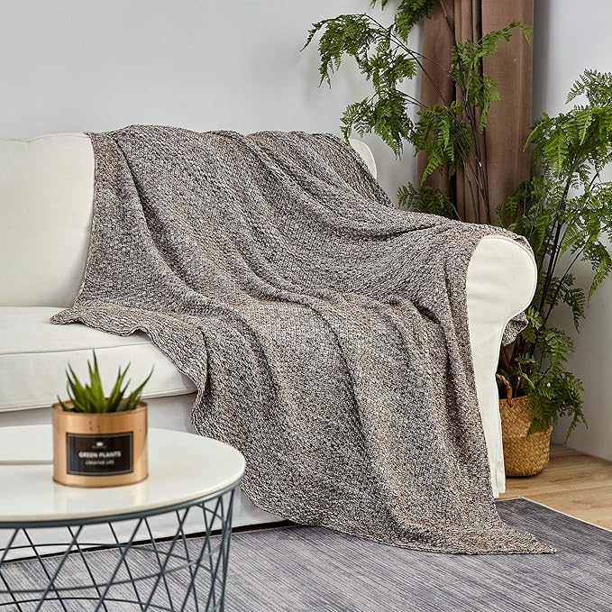 Longhui bedding Coffee Knitted Throw Blanket for Couch, Soft, Cozy Machine Washable 100% Cotton Sofa Knit Blankets, Heavy 4.0lb Weight, 60 x 80 Inches, Coffee and White Color.