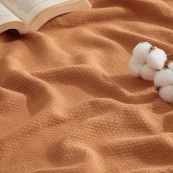 Bedsure 100% Cotton Blanket King Size for Bed - Breathable and Lightweight, Soft Cozy Textured Herringbone Woven Blanket for Summer Spring, Burnt Orange, 108x90 inches
