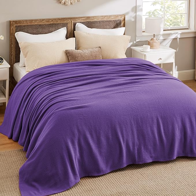 Bedsure 100% Cotton Blanket King Size for Bed - Breathable and Lightweight, Soft Cozy Textured Herringbone Woven Blanket for Summer Spring, Purple, 108x90 inches