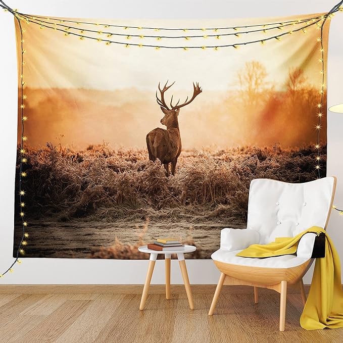 Ambesonne Hunting Tapestry Twin Size, Red Deer in the Morning Sun Wilderness Nature Scenery Countryside Rural Heathers, Wall Hanging Bedspread Bed Cover Wall Decor, 68" X 88", Brown Orange