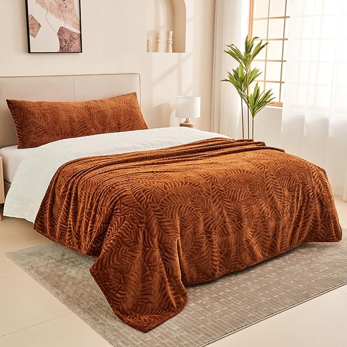 SOCHOW Super Soft Flannel Fleece Fall Throw Blanket, Lightweight Cozy Warm Leaves Textured Plush Blanket for Bed Couch Sofa, 60 x 80 Inches, Caramel