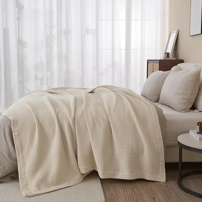 100% Cotton Blanket for King Size Bed - Tan Waffle Weave Lightweight Summer Bed Blanket - 102x90in Prewashed Breathable, Woven, Layering Blanket (King, Oatmeal)