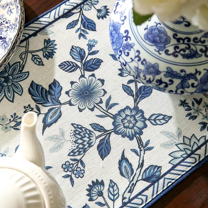 Decorative Linen Table Runner 87 Inches Long,Chinoiserie Blue Floral Cloth Runner for Coffee Table Decor Tabletop Table Runners for Kitchen,Dining,Party,Home,Christmas,12"*87"