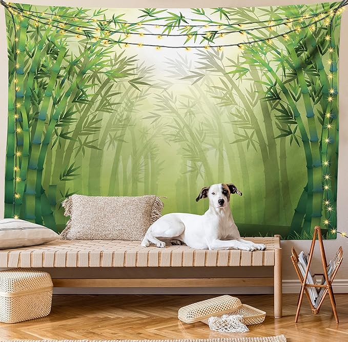 Ambesonne Forest Tapestry Twin Size, Image of Exotic Trees in Rain Forest Far Eastern Wildlife Tropical Nature Inspired, Wall Hanging Bedspread Bed Cover Wall Decor, 68" X 88", Green and White