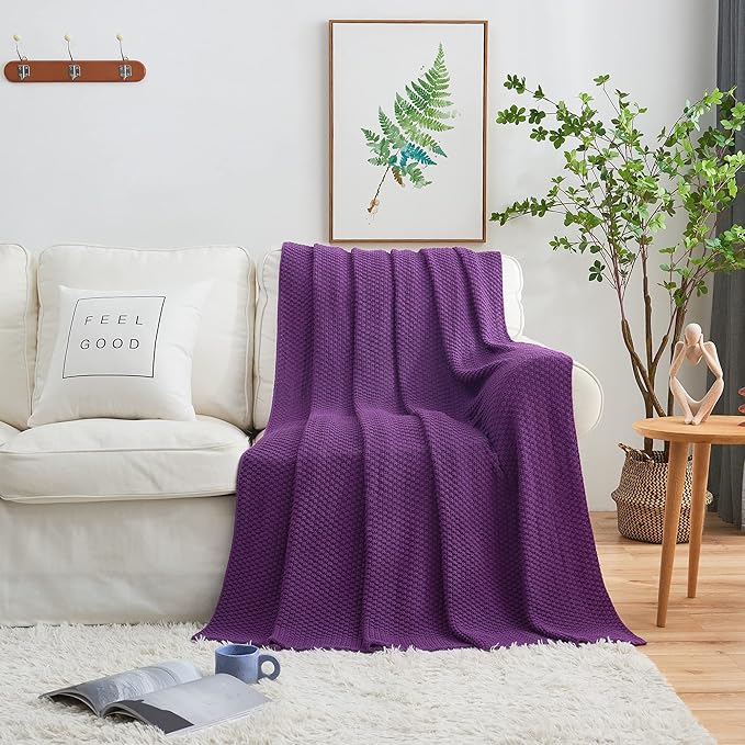Longhui bedding Purple Knitted Throw Blanket for Couch, Soft, Cozy Machine Washable 100% Cotton Sofa Knit Blankets, Heavy 3.0lb Weight, 51 x 63 Inches, Purple Color.
