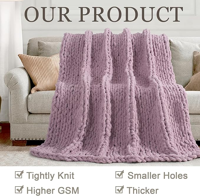Chunky Knit Throw Blanket 50"X 60", 100% Handmade with Soft Chenille Yarn, 4.4lbs Thick Cable Knitted Blankets, Large Rope Knot Crochet Throws for Couch Sofa Bed Home Decor, Purple