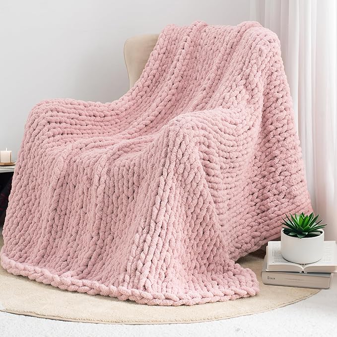 Chunky Knit Throw Blanket 50"X 60", 100% Handmade with Soft Chenille Yarn, 4.4lbs Thick Cable Knitted Blankets, Large Rope Knot Crochet Throws for Couch Sofa Bed Home Decor, Dusty Pink