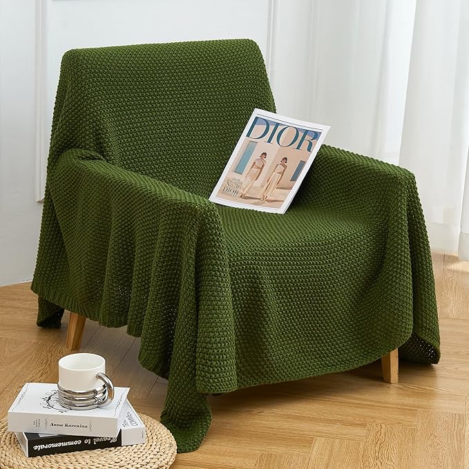 Aganear Knit Throw Blanket for Couch, Knit Throw Blanket for All Seasons, Soft Comfy Lightweight Cable Knitted Throw Blanket for Living Room Bed Office Travel Boho Decor (60"x80", Olive Green)