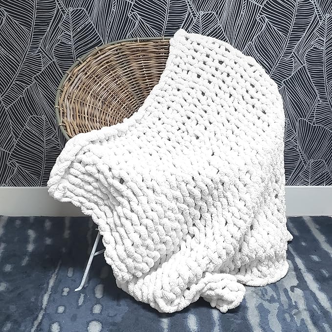 Adyrescia Chunky Knit Blanket Throw | 100% Hand Knit with Jumbo Chenille Yarn (40"x50", Bright White)