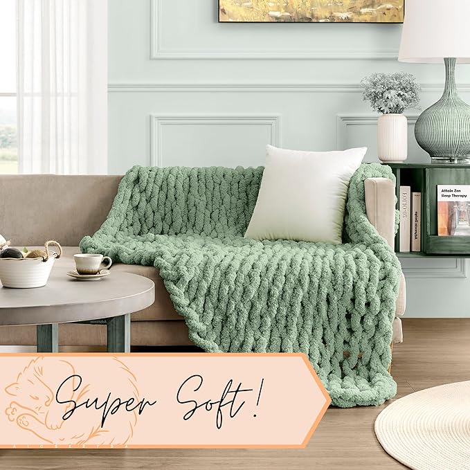 Adyrescia Chunky Knit Blanket Throw | 100% Hand Knit with Jumbo Chenille Yarn (50"x60", Sage Green)