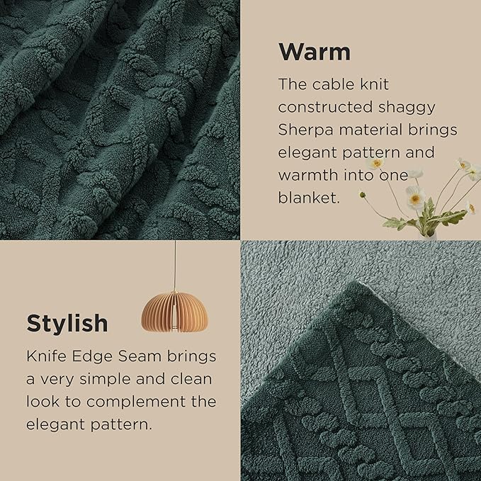 Bedsure Sherpa King Size Blanket for Bed- Fleece Soft Cozy Fuzzy Cable Blankets for Women, Thick Warm for Winter and All Seasons, Dark Green, 108x90 Inches