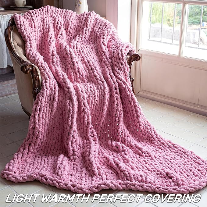 Chunky Knit Blanket - Luxury Soft Cozy King Size(60 * 80) Throw Blanket,100% Woven Blanket Rope Knot Throw Blanket for Couch, Sofa, Home Decor, Gift - Machine Washable(Pink)