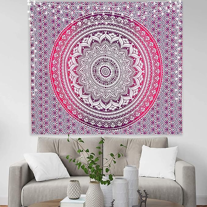 raajsee Indian Cotton Pink Purple Tapestry Mandala Wall Hangings- Tapestry For Bedroom - Indie Wall Tapestry Hippie Room Decor - Boho Small Tapestrys Aesthetic 30x40 Inches