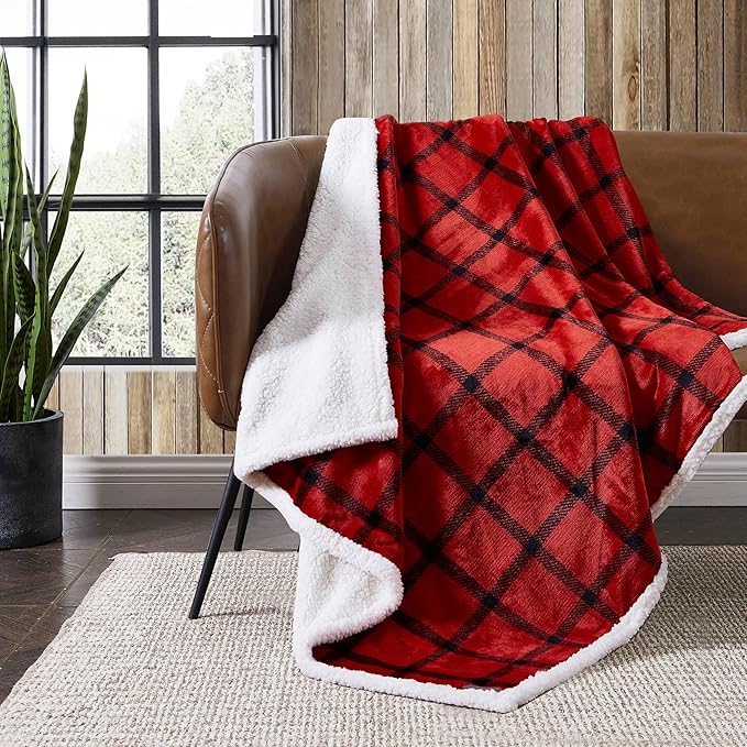 Eddie Bauer - Throw Blanket, Super Soft Reversible Sherpa Fleece Bedding, Ideal Christmas & White Elephant Gifts, Cozy Plaid Throw Blankets for Couch (Bunkhouse Plaid Red, Throw)