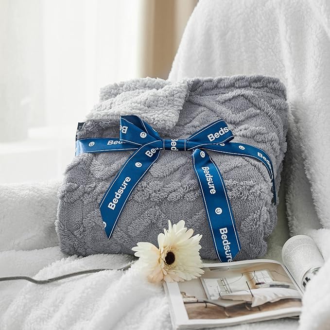 Bedsure Sherpa Queen Size Blanket for Bed - Fleece Soft Cozy Fuzzy Cable Blankets for Women, Thick Warm for Winter and All Seasons, Grey, 90x90 Inches