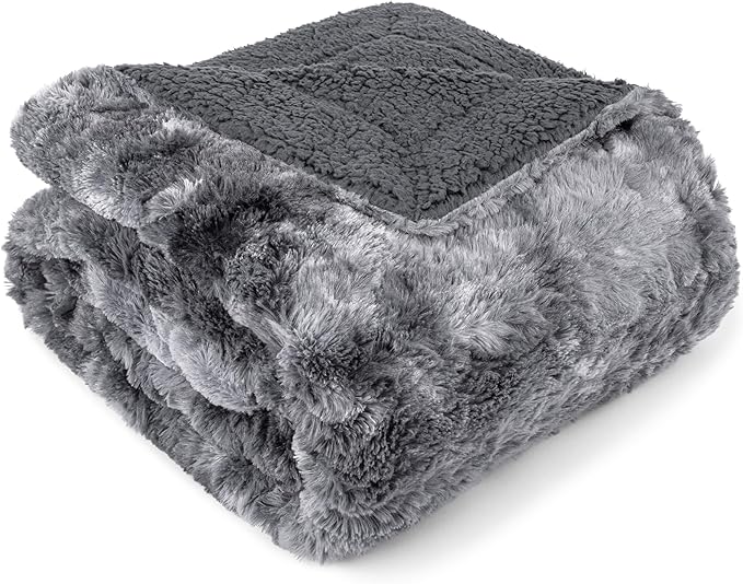PAVILIA Faux Fur Throw Blanket Tie-Dye Grey, Soft Fuzzy Warm Sherpa Blankets & Throws for Bed, Fluffy Plush Thick Fleece Throw Blanket for Couch Sofa, Reversible Furry Shaggy Blanket, Grey 50x60