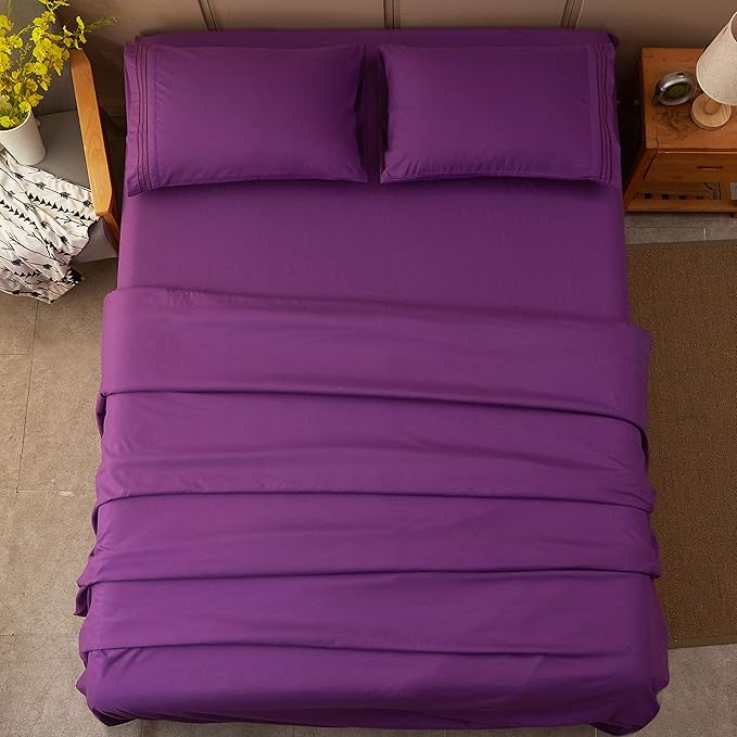 SONORO KATE Bed Sheet Set Super Soft Microfiber 1800 Thread Count Luxury Egyptian Sheets 18-Inch Deep Pocket Wrinkle and Hypoallergenic-4 Piece(California King Purple)