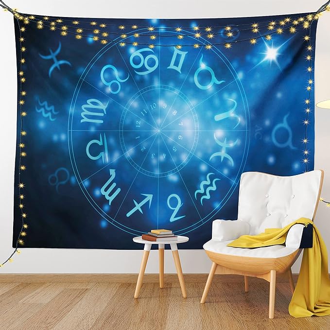 Ambesonne Astrology Tapestry King Size, Abstract Horoscope Wheel with Signs Aquarius Lion Taurus Libra, Wall Hanging Bedspread Bed Cover Wall Decor, King Size, Navy Blue Sky Blue