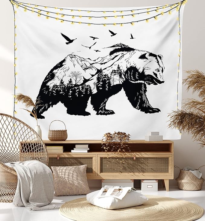 Ambesonne Bear Tapestry, Mammal Silhouette Mountain Landscape Flying Birds and Forest Wildlife Design, Fabric Wall Hanging Decor for Bedroom Living Room Dorm, 23" X 28", White Charcoal