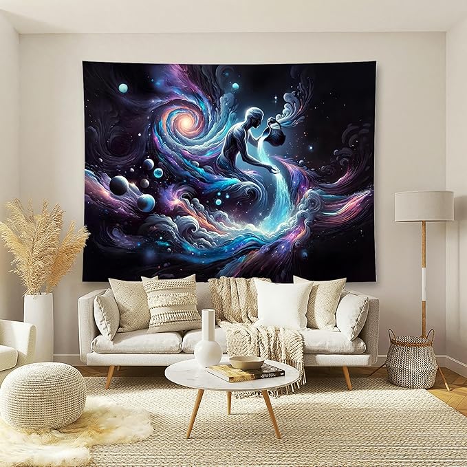 Aquarius Tapestry Wall Hanging Zodiac Sign Decoration Aesthetic for Bedroom Living Room Dormitory Suitable for Teen Boy and Girl Who Like Astrology 98x71 Inches