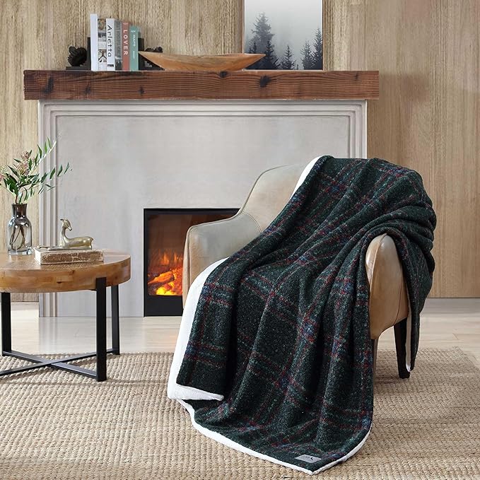 Eddie Bauer - Throw Blanket, Boucle Bedding with Faux Fur Reverse, Soft & Cozy Plaid Home Decor (Tarrytown Plaid Green, 50" x 70")