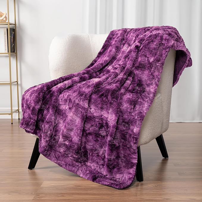 PAVILIA Faux Fur Throw Blanket Tie-Dye Purple, Soft Fuzzy Warm Sherpa Blankets & Throws for Bed, Fluffy Plush Thick Fleece Throw Blanket for Couch Sofa, Reversible Furry Shaggy Blanket, Purple 50x60