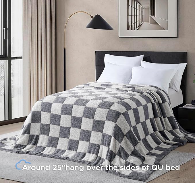 Checkered Throw Blanket for Couch - Super Soft Knit Bed Blanket, Fluffy Fuzzy Plush Lightweight Cozy Blankets for Sofa ,Dark Grey,50" x 60"