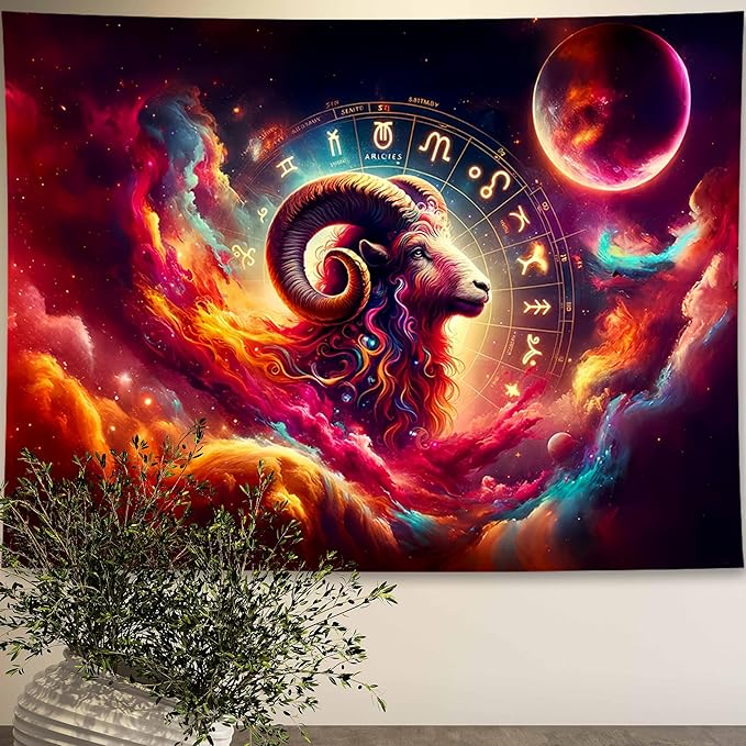 Aries Tapestry Wall Hanging Zodiac Sign Decoration Aesthetic for Bedroom Living Room Dormitory Suitable for Teen Boy and Girl Who Like Astrology 59x51 Inches
