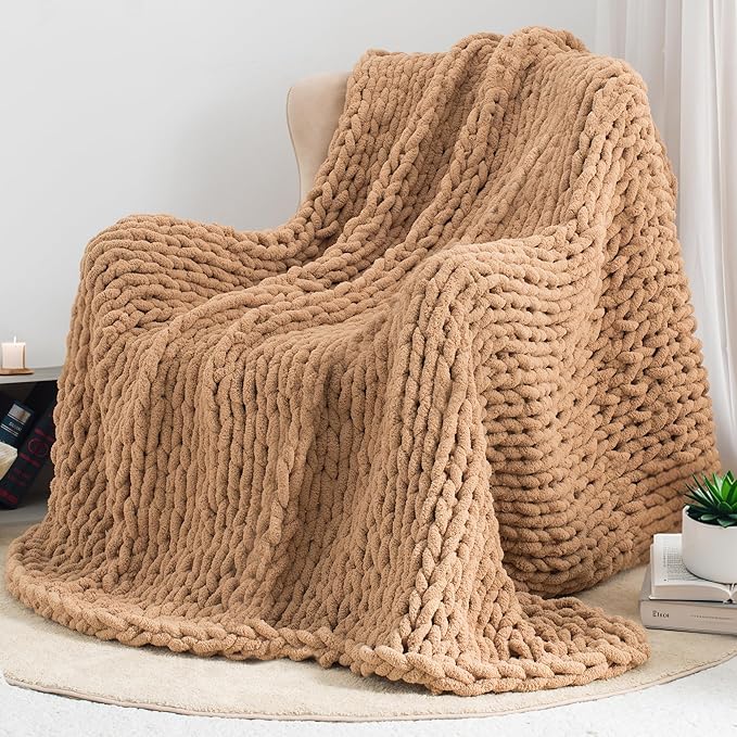 Chunky Knit Throw Blanket 60"X 80", 100% Handmade with Soft Chenille Yarn, 6.7lbs Thick Cable Knitted Blankets, Large Rope Knot Crochet Throws for Couch Sofa Bed Home Decor, Tan Brown