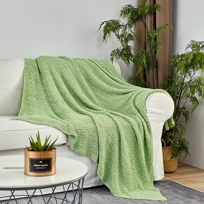 Longhui bedding Grass Green Knitted Throw Blanket for Couch - Soft, Cozy Machine Washable 100% Cotton Sofa Knit Blankets, Heavy 3.0lb Weight, 51 x 63 Inches,Grass Green and White Color.