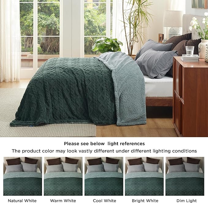 Bedsure Sherpa King Size Blanket for Bed- Fleece Soft Cozy Fuzzy Cable Blankets for Women, Thick Warm for Winter and All Seasons, Dark Green, 108x90 Inches